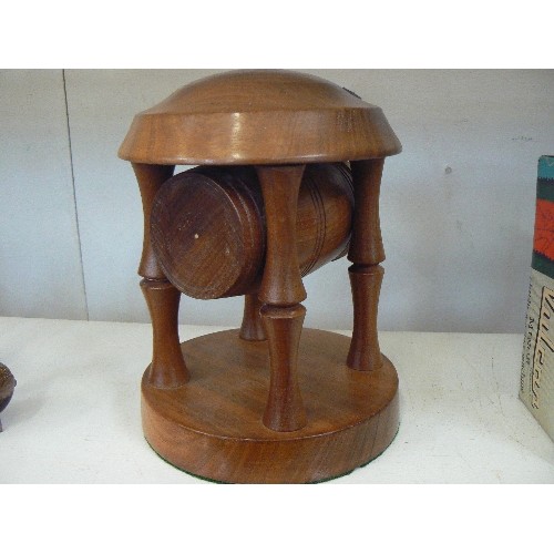 83 - GERMAN MADE CLOCK. SMALL BEER BARREL MANTEL CLOCK IN WOODEN FRAME.