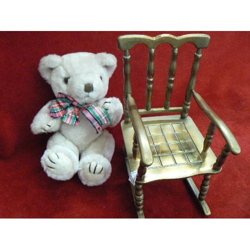 96 - SMALL JOINTED BEAR ON HEAVY VINTAGE BRASS ROCKING CHAIR.