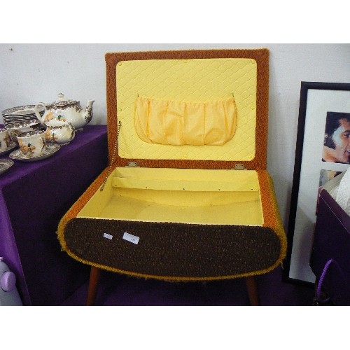 100 - RETRO VINTAGE FABRIC COVERED STOOL WORKBOX WITH HINGED LID. IN 2-TONE MUSTARD AND CHOCOLATE. TAPERED... 