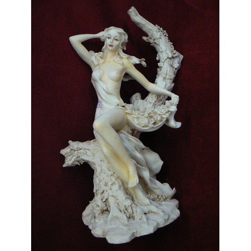 120 - HEAVY SEMI-NUDE FIGURINE OF MAIDEN WITH FLOWING HAIR.