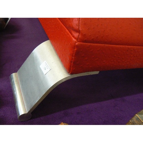 124 - REALLY COOL CONTEMPORARY CHAISE IN BRIGHT POPPY RED 'OSTRICH LEATHER' . CURVED FRAME WITH SEMI-BOLST... 