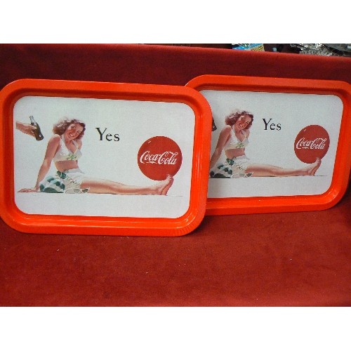 128 - 2 X COCA-COLA TIN TRAYS, AND A BIRDS CUSTARD FRAMED POSTER.