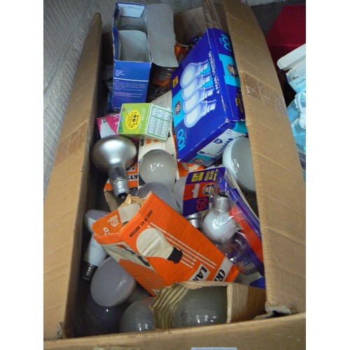 134 - VERY LARGE BOX FULL OF LIGHT BULBS, ALSO BOX FULL OF TOILETRIES[MOST NEW] AND A KITCHEN BOWL FULL OF... 