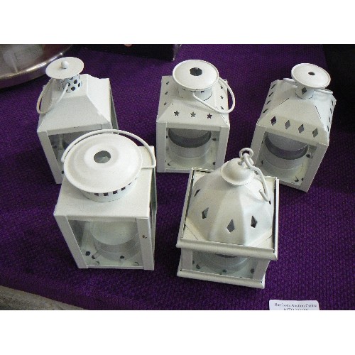 136 - 5 LITTLE T-LIGHT LANTERNS WITH HANGING HOOKS. CONTAIN T-LIGHTS.