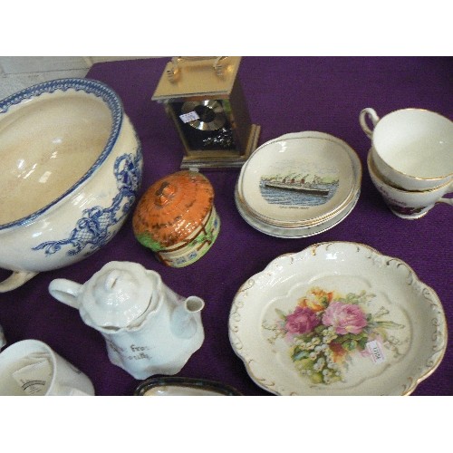 149 - MIXED VINTAGE CERAMICS. INC PLATES, JUGS, CHAMBER POT, TRINKET BOXES, VASES, CUPS/SAUCERS, SOUVENIR ... 