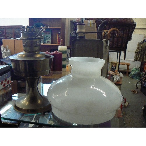 152 - LARGE BRASS OIL LAMP WITH MILK GLASS SHADE.