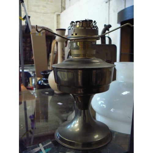 152 - LARGE BRASS OIL LAMP WITH MILK GLASS SHADE.