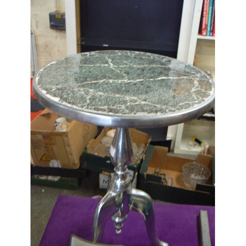 170 - CONTEMPORARY PEDESTAL SIDE TABLE WITH HEAVY CHROME BASE, AND CRACKLE GLASS TOP.