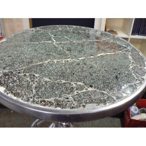 170 - CONTEMPORARY PEDESTAL SIDE TABLE WITH HEAVY CHROME BASE, AND CRACKLE GLASS TOP.