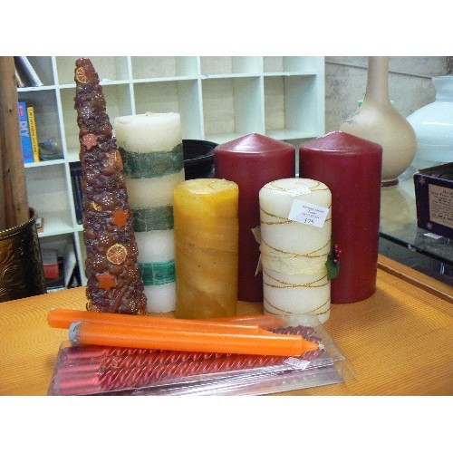 175 - 6 MIXED PILLAR CANDLES, AND 2 PACKS OF SLIM CANDLES.