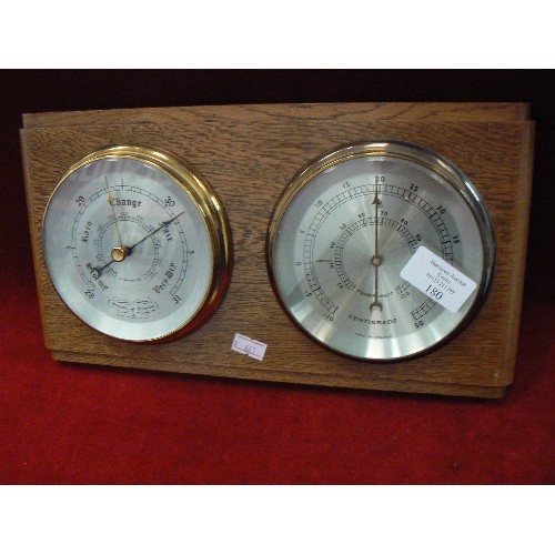 180 - DUO BAROMETER ON OAK WALL MOUNT.