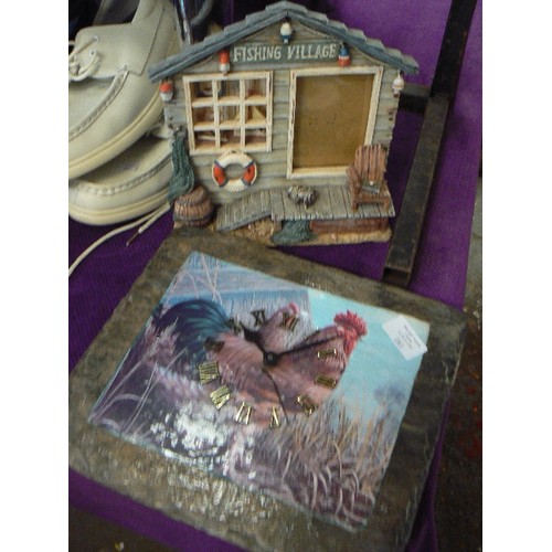 181 - NOVELTY RESIN PICTURE FRAME AND A CHICKEN WALL CLOCK ON SLATE BASE.