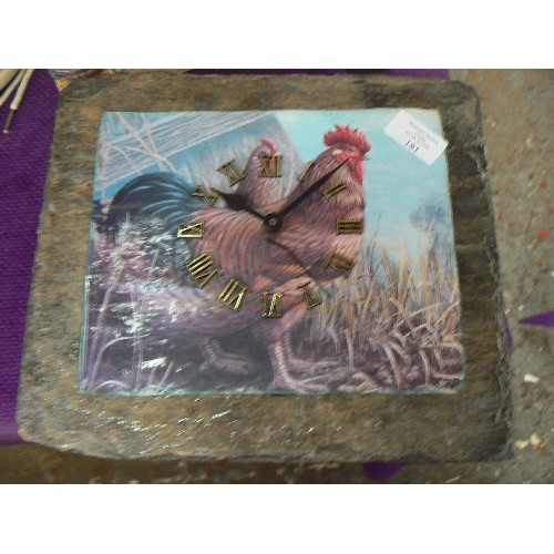 181 - NOVELTY RESIN PICTURE FRAME AND A CHICKEN WALL CLOCK ON SLATE BASE.