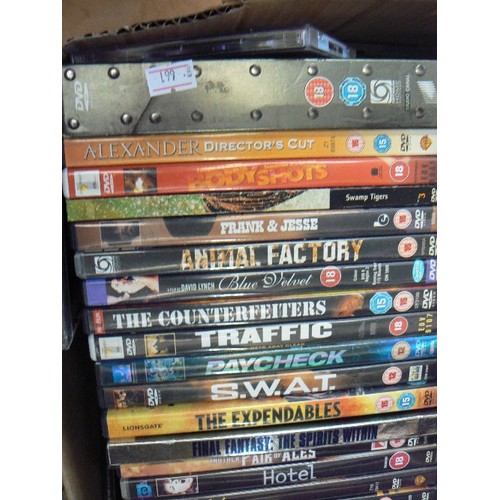 185 - BOX FULL OF DVD'S. INC TRAFFIC, THE COUNTERFEITERS, MISSING, KILLBILL, SCARFACE ETC.