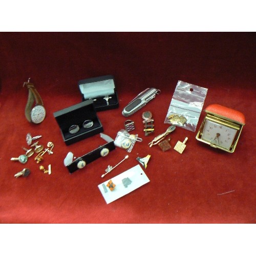 192 - TRAVEL ALARM, SETS OF CUFF-LINKS, SEKONDA WATCH ETC IN AN ARMANI BOX.