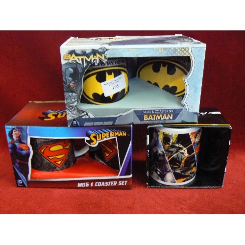 195 - 3 SUPERHERO NOVELTY MUG AND COASTER SETS. INC BATMAN, SUPERMAN, JUSTICE LEAGUE. BOXED.