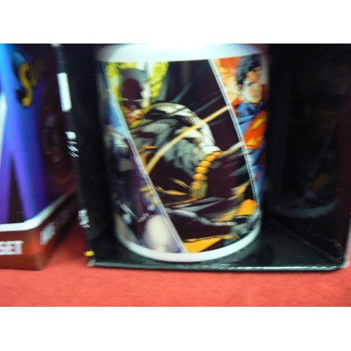 195 - 3 SUPERHERO NOVELTY MUG AND COASTER SETS. INC BATMAN, SUPERMAN, JUSTICE LEAGUE. BOXED.