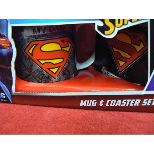 195 - 3 SUPERHERO NOVELTY MUG AND COASTER SETS. INC BATMAN, SUPERMAN, JUSTICE LEAGUE. BOXED.