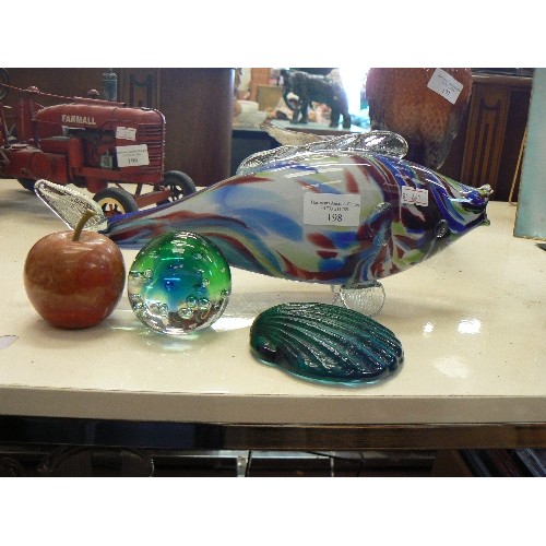 198 - LARGE GLASS FISH, AND 3 GLASS PAPERWEIGHTS.