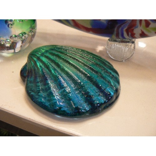 198 - LARGE GLASS FISH, AND 3 GLASS PAPERWEIGHTS.