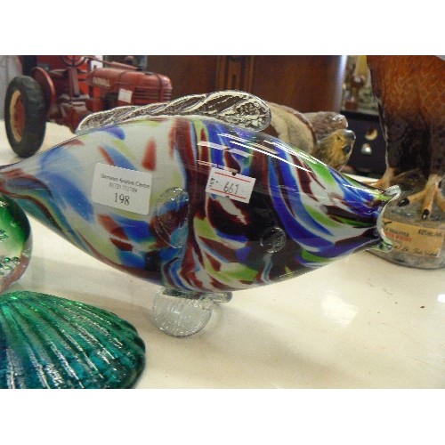 198 - LARGE GLASS FISH, AND 3 GLASS PAPERWEIGHTS.