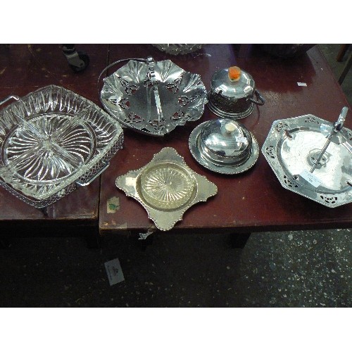 208 - VINTAGE SILVER-PLATE ITEMS, MANY WITH GLASS INSERTS. SERVING PLATTERS, CAKE STAND, LIDDED POTS ETC.