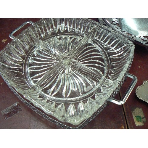 208 - VINTAGE SILVER-PLATE ITEMS, MANY WITH GLASS INSERTS. SERVING PLATTERS, CAKE STAND, LIDDED POTS ETC.