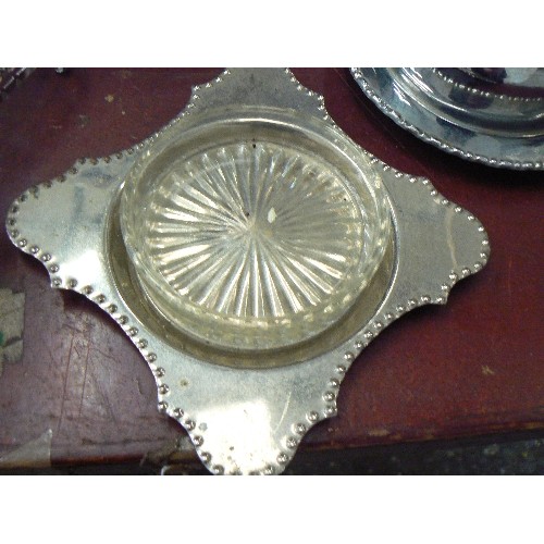 208 - VINTAGE SILVER-PLATE ITEMS, MANY WITH GLASS INSERTS. SERVING PLATTERS, CAKE STAND, LIDDED POTS ETC.