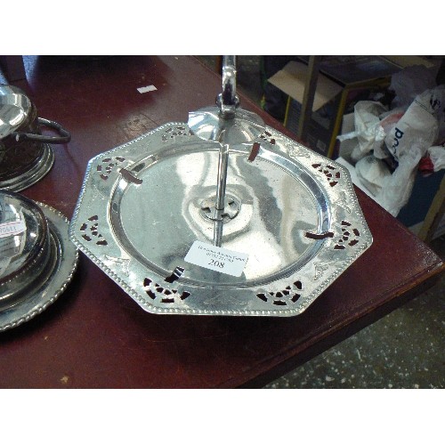 208 - VINTAGE SILVER-PLATE ITEMS, MANY WITH GLASS INSERTS. SERVING PLATTERS, CAKE STAND, LIDDED POTS ETC.