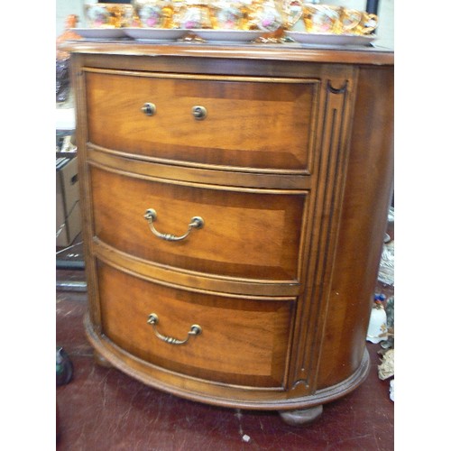 213 - UNUSUAL OVAL BARREL 3 DRAWER CHEST ON BUN FEET.