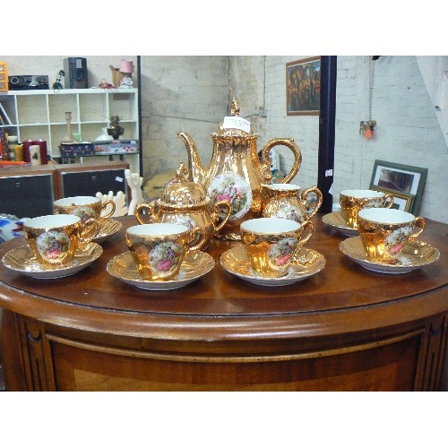 217 - VINTAGE GOLD 'BONDWARE STYLE' TEA SET. COURTING COUPLE. TEA, SUGAR & MILK, WITH 6 DUO'S.