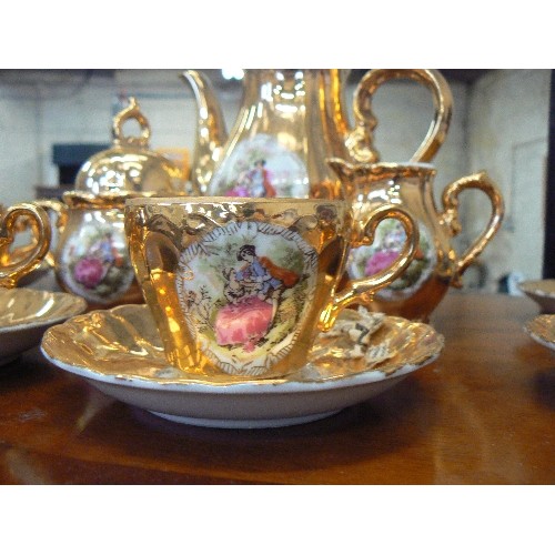 217 - VINTAGE GOLD 'BONDWARE STYLE' TEA SET. COURTING COUPLE. TEA, SUGAR & MILK, WITH 6 DUO'S.