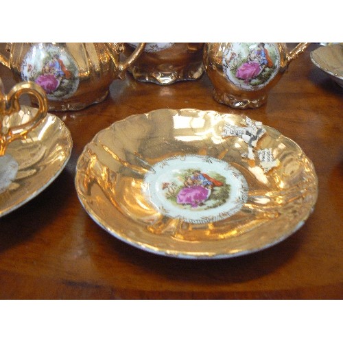 217 - VINTAGE GOLD 'BONDWARE STYLE' TEA SET. COURTING COUPLE. TEA, SUGAR & MILK, WITH 6 DUO'S.