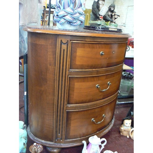 220 - UNUSUAL OVAL BARREL 3 DRAWER CHEST ON BUN FEET.