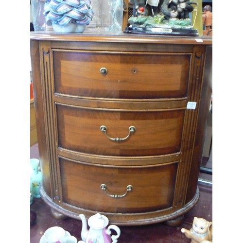 220 - UNUSUAL OVAL BARREL 3 DRAWER CHEST ON BUN FEET.