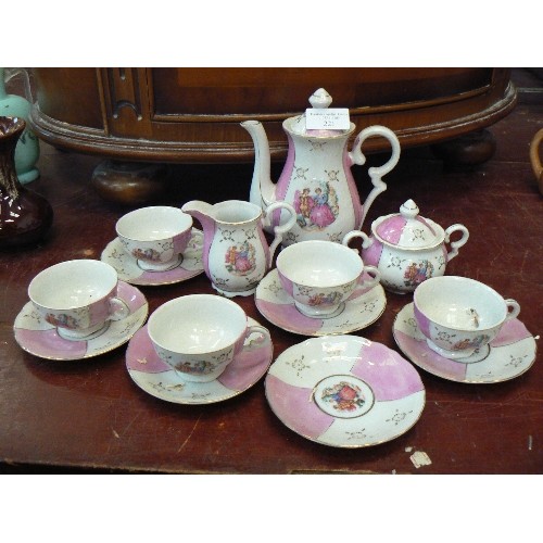 221 - VINTAGE 'COURTING COUPLE' BONE CHINA TEA SET. PINK/WHITE. TEAPOT, SUGAR, MILK, 5 DUO'S & A SPARE SAU... 