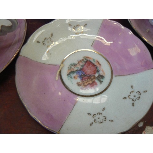 221 - VINTAGE 'COURTING COUPLE' BONE CHINA TEA SET. PINK/WHITE. TEAPOT, SUGAR, MILK, 5 DUO'S & A SPARE SAU... 