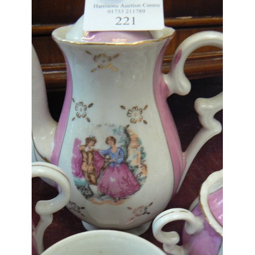 221 - VINTAGE 'COURTING COUPLE' BONE CHINA TEA SET. PINK/WHITE. TEAPOT, SUGAR, MILK, 5 DUO'S & A SPARE SAU... 