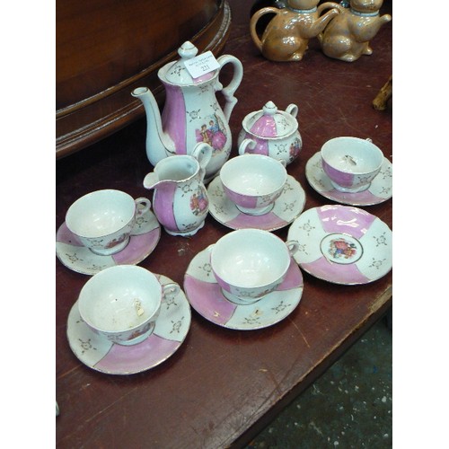 221 - VINTAGE 'COURTING COUPLE' BONE CHINA TEA SET. PINK/WHITE. TEAPOT, SUGAR, MILK, 5 DUO'S & A SPARE SAU... 