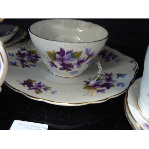 234 - CHINA TEA SET. 'MY FAIR LADY' GROSVENOR. JACKSON & GOSLING. MILK, SUGAR, CAKE PLATE. 6 X TRIOS. PURP... 