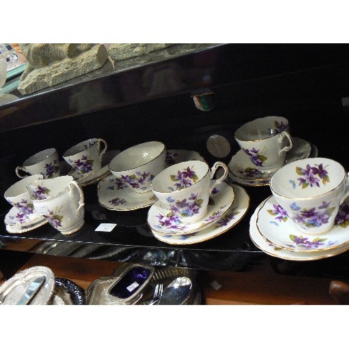 234 - CHINA TEA SET. 'MY FAIR LADY' GROSVENOR. JACKSON & GOSLING. MILK, SUGAR, CAKE PLATE. 6 X TRIOS. PURP... 