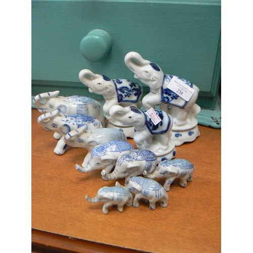 238 - 11 X CERAMIC ELEPHANTS. BLUE/WHITE.