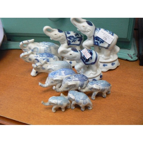 238 - 11 X CERAMIC ELEPHANTS. BLUE/WHITE.