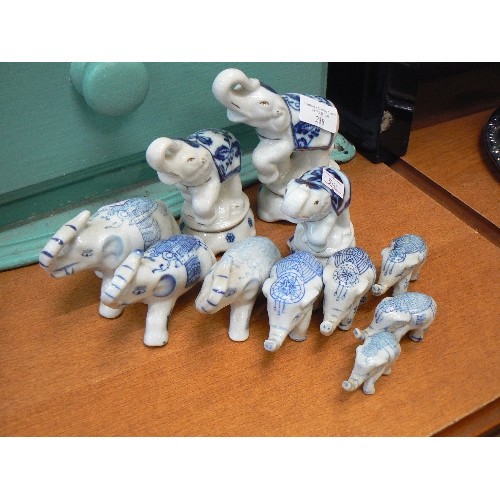 238 - 11 X CERAMIC ELEPHANTS. BLUE/WHITE.