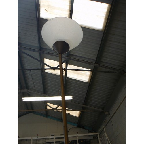 252 - CONTEMPORARY UPLIGHTER STANDARD LAMP. SIMPLE 'BRASS COLOUR' STEM. WHITE GLASS CONE SHADE.