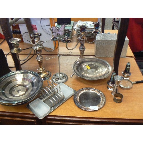 269 - SILVER-PLATE AND ALSO STAINLESS STEEL ITEMS. INC  COOPER BROTHERS CANDELABRAS. SERVING DISHES, PLATT... 