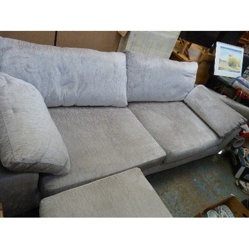 386 - LARGE PALE SILVER GREY SQUISHY THREE SEATER SOFA - 2.3 METRES LONG, WITH MATCHING BOX STOOL ON CHROM... 