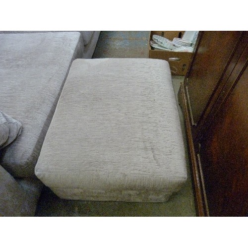 386 - LARGE PALE SILVER GREY SQUISHY THREE SEATER SOFA - 2.3 METRES LONG, WITH MATCHING BOX STOOL ON CHROM... 