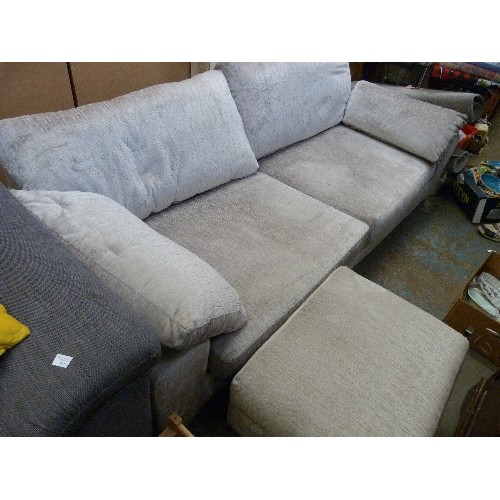 386 - LARGE PALE SILVER GREY SQUISHY THREE SEATER SOFA - 2.3 METRES LONG, WITH MATCHING BOX STOOL ON CHROM... 