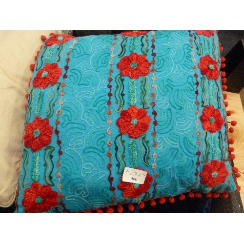 387 - 8 X SCATTER CUSHIONS INCLUDING BLUE CRUSHED VELVET, GREEN SLUB, EMBROIDERED POPPY DESIGN ETC